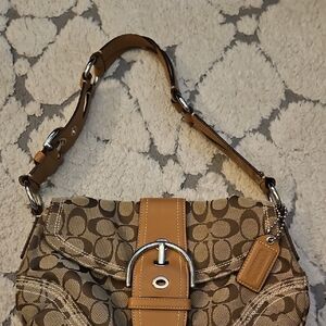 Coach Vintage Brown/Tan Signature Canvas Shoulder Bag with Buckle
